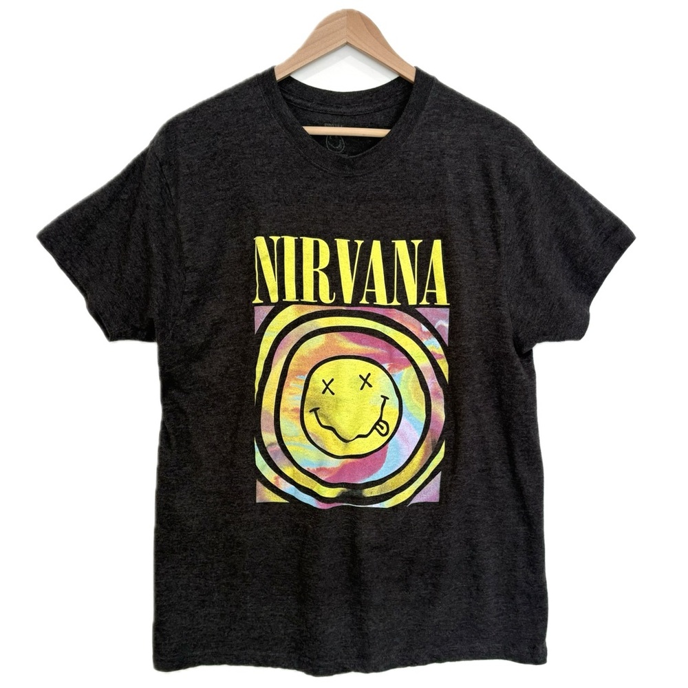 Nirvana Smiley Face Graphic Tee Womens Size XL Charcoal Grey Rainbow Tie Dye